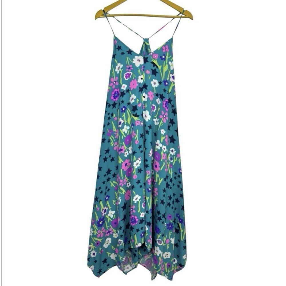 ModCloth Floral Midi Dress Small Teal Multicolor Stars Asymmetric Hem Fairy Y2K - Picture 1 of 15